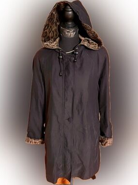 Vintage Halston Lifestyle Leopard Trim Trench Coat Heritage Style Rain Jacket 12